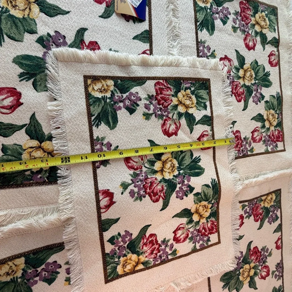 Vintage Stevens Linen Placemats Napkins Set 5, Floral Cottagecore Fringed USA